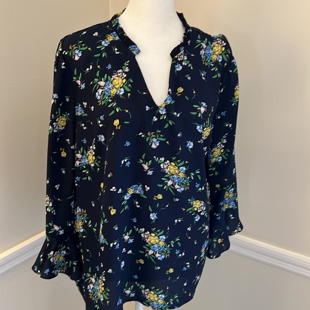 Cece 3/4 bell sleeve blouse, navy with floral print, gently worn